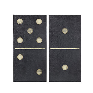A sophisticated addition to a den or man cave, these two black dominos, by artist Rain Shanks, are printed on canvas with a gel coating for added texture. Dynamic and alluring, this piece is sure to make an eye-catching statement in your home.Set of 2 | Made of engineered wood and canvas | Black finish with textured gel coating | Gallery wrapped canvas | Giclee reproduction | Indoor use only | Ready to hang (two D-ring hangers) | Imported