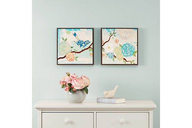 Add a touch of modern life to your home decor with this set of two gorgeous deco box framed prints. The set features a beautiful scene of flowers and a blue bird colored with a soft pastel palette. The piece is printed on paper, coated with gel for texture, then assembled on a deco box with a detailed decorative edge.Set of 2 | Made of polystyrene, engineered wood and paper | Blue, pink, green and neutral with textured gel coating | Deco box frame | Giclee reproduction | Ready to hang (sawtooth hangers) | Indoor use only | Imported