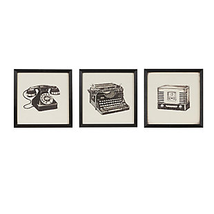 Iconic communication devices, accented by bold shadowbox frames, send a stylish message in the "Vintage Models" three-piece print set. Printed on paper with a gel-coated layer and finished off with bold black frames, this set features chic icons of a rotary phone, antique typewriter and radio. It's the perfect piece for any study, office or den with vintage-style decor.Set of 3 | Made of polystyrene, engineered wood and paper | Black and white with textured gel coating | Shadowbox frame | Giclee reproduction | Ready to hang (sawtooth hangers) | Indoor use only | Ready to hang | Imported