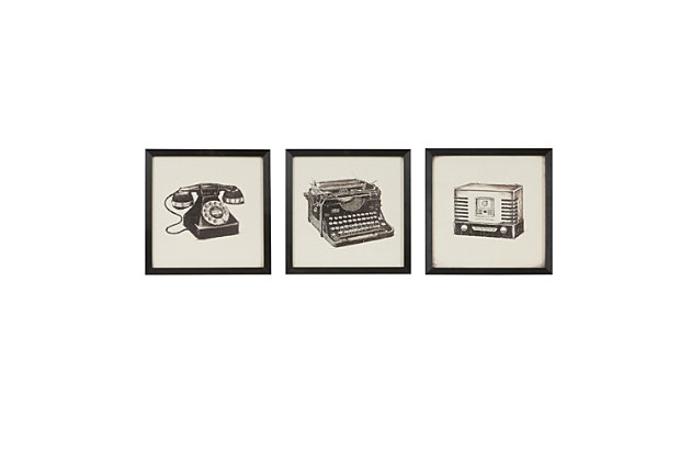 Iconic communication devices, accented by bold shadowbox frames, send a stylish message in the "Vintage Models" three-piece print set. Printed on paper with a gel-coated layer and finished off with bold black frames, this set features chic icons of a rotary phone, antique typewriter and radio. It's the perfect piece for any study, office or den with vintage-style decor.Set of 3 | Made of polystyrene, engineered wood and paper | Black and white with textured gel coating | Shadowbox frame | Giclee reproduction | Ready to hang (sawtooth hangers) | Indoor use only | Ready to hang | Imported