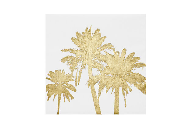 Add the feel of a relaxing tropical vacation to your home with this "Gold Palms" canvas wall art. The simple-yet-glamorous piece features the silhouettes of palm trees in goldtone foil with a white background. Give your decor a modern touch with this piece and let the tropics come to you, adding luxury and style to your living space.Made of engineered wood and canvas | White and goldtone foil | Unframed | Gallery wrapped canvas | Giclee reproduction | Indoor use only | Ready to hang (D-ring hangers) | Imported