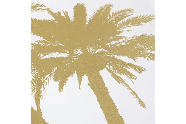 Add the feel of a relaxing tropical vacation to your home with this "Gold Palms" canvas wall art. The simple-yet-glamorous piece features the silhouettes of palm trees in goldtone foil with a white background. Give your decor a modern touch with this piece and let the tropics come to you, adding luxury and style to your living space.Made of engineered wood and canvas | White and goldtone foil | Unframed | Gallery wrapped canvas | Giclee reproduction | Indoor use only | Ready to hang (D-ring hangers) | Imported