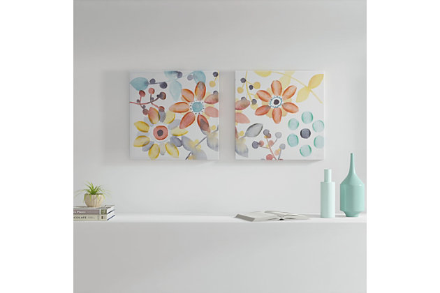"Sweet Florals," by artist Karin Johannesson, is a charming watercolor canvas set with hand-painted embellishment. With vibrant colors of pink, purple, yellow, green and blue, these art pieces will add a dash of charm to any room of your home.Set of 2 | Made of engineered wood and canvas | Pink, purple, yellow, green and blue | Unframed | Gallery wrapped canvas | Giclee reproduction | Indoor use only | Ready to hang (D-ring hangers) | Imported