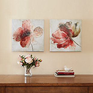 Bold, stylized flowers bloom brightly on this set of two canvas wall prints. Each is finished with hand-embellished gel accents to give it a textured, custom look. Bring the beauty of springtime flowers into your home all year long.Set of 2 | Made of engineered wood and canvas | Pink and white | Gallery wrapped canvas | Giclee reproduction | Hand-embellished | Ready to hang (D-ring hangers) | Indoor use only | Imported