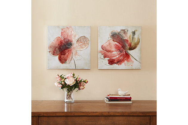 Bold, stylized flowers bloom brightly on this set of two canvas wall prints. Each is finished with hand-embellished gel accents to give it a textured, custom look. Bring the beauty of springtime flowers into your home all year long.Set of 2 | Made of engineered wood and canvas | Pink and white | Gallery wrapped canvas | Giclee reproduction | Hand-embellished | Ready to hang (D-ring hangers) | Indoor use only | Imported