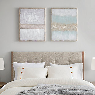 Bring some shimmer to your wall decor collection with this stunning set of "Flatland" glitter canvas art prints. Each canvas features an abstract design in soft blue and natural hues for a chic contemporary look. You'll love how these beautiful canvas prints look in your space.Set of 2 | Made of engineered wood, paper, canvas, acrylic and glitter | Gray, blue, white and goldtone | Framed | Hand-embellished glitter | Ready to hang (D-ring hangers) | Indoor use only | Imported
