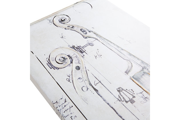 A detailed composition with hand-painted embellishments on printed antique-style artistry, the "Violin Study" wall art set plays in three-part harmony. A classic violin blueprint, at different angles, is printed on each canvas to create a unique look. Hand-painted embellishments add a textural element, while two D-rings on the back of each canvas make them easy to hang and arrange on your wall.Set of 2 | Made of canvas and engineered wood | White and beige | Hand-painted and embellished | Gallery wrapped canvas | Ready to hang (D-ring hangers) | Indoor use only | Imported