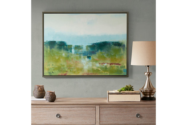 This framed canvas makes a charming addition to your decor, transforming a plain wall into a pleasing focal point. The wall art presents an impressionist landscape of a lush green hillside and light blue sky. Its abstract blend of colors creates a pleasing tone to the eye, while hand-painted embellishments add dimension to the piece with an artistic touch. Featuring frame detailing and a wood backing for a clean finish, this piece is perfect to hang in your living room or bedroom.Made of engineered wood, polystyrene, acrylic and canvas | Blue with textured gel coating | Hand-painted and embellished | Frame with goldtone finish | Indoor use only | Ready to hang | Imported