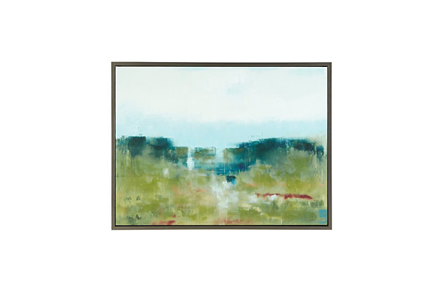 This framed canvas makes a charming addition to your decor, transforming a plain wall into a pleasing focal point. The wall art presents an impressionist landscape of a lush green hillside and light blue sky. Its abstract blend of colors creates a pleasing tone to the eye, while hand-painted embellishments add dimension to the piece with an artistic touch. Featuring frame detailing and a wood backing for a clean finish, this piece is perfect to hang in your living room or bedroom.Made of engineered wood, polystyrene, acrylic and canvas | Blue with textured gel coating | Hand-painted and embellished | Frame with goldtone finish | Indoor use only | Ready to hang | Imported