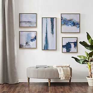 Elevate any space with the modern design of this five-piece Martha Stewart "Blue Drift" framed canvas gallery set. Each art piece features a different abstract design in contrasting blue hues and light neutral colors, for a strikingly modern and contemporary update. Goldtone foil accents, hand embellishments and gel coat finishes are showcased on specific pieces within the set, combining different textures for added dimension and a luxe flair. A goldtone frame adorns each canvas, highlighting the abstract artwork and creating an elegant finish. Sawtooth fixtures are attached to the reverse of each piece for easy hanging. Display pieces closer together for a bolder focal point, or add some space and breath in between for a large, oversized gallery look.Set of 5 | Made of polystyrene, engineered wood, canvas and paper | Blue and white with textured gel coating | Goldtone foil embellishment | Frame with goldtone finish | Ready to hang (sawtooth hangers) | Indoor use only | Imported