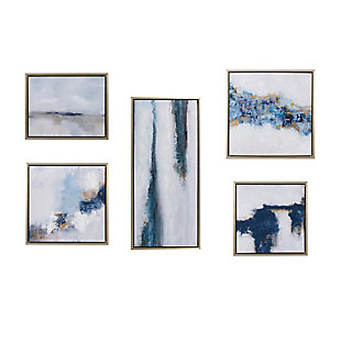 Elevate any space with the modern design of this five-piece Martha Stewart "Blue Drift" framed canvas gallery set. Each art piece features a different abstract design in contrasting blue hues and light neutral colors, for a strikingly modern and contemporary update. Goldtone foil accents, hand embellishments and gel coat finishes are showcased on specific pieces within the set, combining different textures for added dimension and a luxe flair. A goldtone frame adorns each canvas, highlighting the abstract artwork and creating an elegant finish. Sawtooth fixtures are attached to the reverse of each piece for easy hanging. Display pieces closer together for a bolder focal point, or add some space and breath in between for a large, oversized gallery look.Set of 5 | Made of polystyrene, engineered wood, canvas and paper | Blue and white with textured gel coating | Goldtone foil embellishment | Frame with goldtone finish | Ready to hang (sawtooth hangers) | Indoor use only | Imported