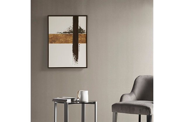 The Martha Stewart "Kinetic I" canvas offers a bold and dynamic update to your home decor. This framed piece features an abstract print in rich colors on a white background, creating a striking contrast. A black frame complements the design, while a gel coating adds a glossy finish that protects the colors from fading. This stunning wall art brings a modern touch to your living space anywhere it's displayed.Made of pine wood, canvas, polystyrene and acrylic | White, brown and black with textured gel coating | Frame with black finish | Gallery wrapped canvas | Giclee reproduction | Ready to hang (D-ring hangers) | Indoor use only | Imported