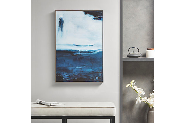 Enhance the mood of your room with the rich and varied range of blues and bold brush strokes in this Martha Stewart "Squall Blue" wall art. The large, modern abstract piece is printed on canvas to give a hand-painted look and texture. It's framed with a light brown, contemporary-style frame for a professional, gallerylike appearance. Two D-rings are included on the back of the artwork to allow for easy and supportive vertical hanging upon arrival.Made of engineered wood, canvas and polystyrene | Blue with textured embellishment | Frame with light brown finish | Gallery wrapped canvas | Giclee reproduction | Ready to hang (D-ring hangers) | Indoor use only | Imported