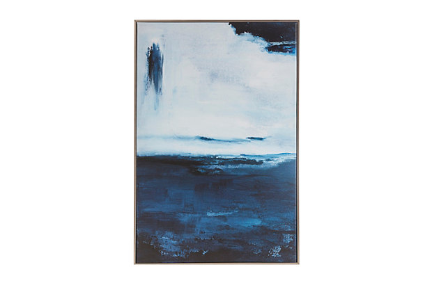 Enhance the mood of your room with the rich and varied range of blues and bold brush strokes in this Martha Stewart "Squall Blue" wall art. The large, modern abstract piece is printed on canvas to give a hand-painted look and texture. It's framed with a light brown, contemporary-style frame for a professional, gallerylike appearance. Two D-rings are included on the back of the artwork to allow for easy and supportive vertical hanging upon arrival.Made of engineered wood, canvas and polystyrene | Blue with textured embellishment | Frame with light brown finish | Gallery wrapped canvas | Giclee reproduction | Ready to hang (D-ring hangers) | Indoor use only | Imported