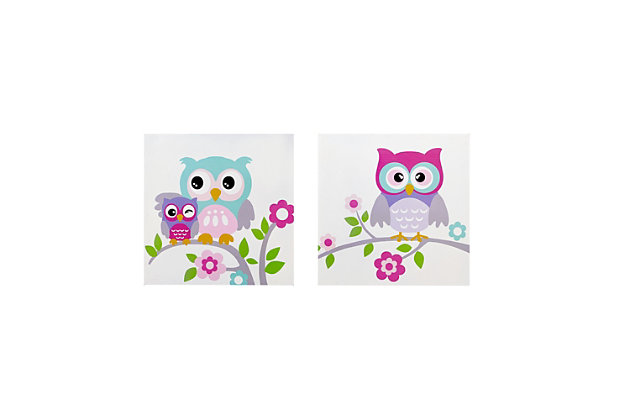 Bring cuteness and color to your child’s room with this box wall art. Colorful owls and flowers create an adorable and whimsical look. Sawtooth fixtures on the back make each piece easy to hang, adding the perfect pop of color to your little girl’s room.Set of 2 | Made of engineered wood and paint | Multicolored | Box frame | Giclee reproduction | Ready to hang (sawtooth hangers) | Indoor use only | Imported