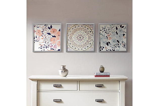 The "Summer Bliss" deco box wall art is a curated set composed of two watercolor florals and a medallion. Sure to complement any decor style, this multi-piece set can be hung in a few different variations to express your individual style and fit your living space.Set of 3 | Made of engineered wood, polystyrene, paper and acrylic | Multicolored with textured gel coating | Box frame with gray finish | Giclee reproduction | Ready to hang (sawtooth hangers) | Indoor use only | Imported