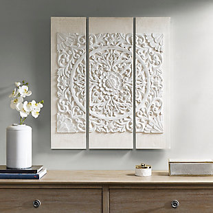 Hang this three-dimensional embellished canvas on your wall to create a unique focal point in your living space. An intricate carved design with the look and feel of wood is made from durable resin, then attached to the embellished canvas and set among each piece. Featuring a whitewashed tone and purposefully distressed, this globally inspired wall decor adds stunning texture and a unique boho-chic touch to any room in your home.Set of 3 | Made of resin, canvas and fir wood | Whitewashed finish | Three dimensional | Gallery wrapped canvas | Ready to hang (D-ring hangers) | Indoor use only | Imported