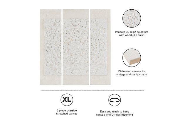 Hang this three-dimensional embellished canvas on your wall to create a unique focal point in your living space. An intricate carved design with the look and feel of wood is made from durable resin, then attached to the embellished canvas and set among each piece. Featuring a whitewashed tone and purposefully distressed, this globally inspired wall decor adds stunning texture and a unique boho-chic touch to any room in your home.Set of 3 | Made of resin, canvas and fir wood | Whitewashed finish | Three dimensional | Gallery wrapped canvas | Ready to hang (D-ring hangers) | Indoor use only | Imported