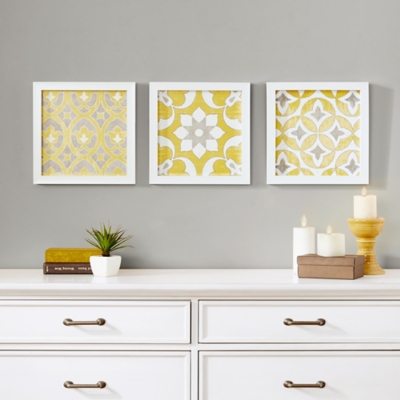 Madison Park Yellow Framed Gel Coated Paper Set of 3, , rollover