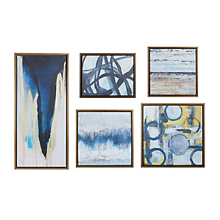 Turn your wall into a contemporary art gallery with this canvas wall art set. Featuring five different abstract pieces of artwork in various shades of blue, this set can be arranged in a variety of ways to create an eye-catching display in your living space. Each piece is assembled onto a deco box for structure and finished with a bronze-tone frame for a clean edge and gallery-ready look.Set of 5 | Made of polystyrene, engineered wood and canvas | Blue, white and taupe with textured gel coating | Goldtone foil embellishment | Box frame with bronze-tone finish | Indoor use only | Ready to hang | Imported
