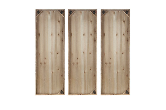 Create a simple arrangement on your wall with this wood wall decor set. Beautifully carved and painted in globally inspired geo patterns, these panels offer a fresh and updated look. The pieces include hooks for easy hanging, making mounting this wood panel set a breeze. Hang the panels together for a focus piece, or display them separately to pull a room together for an eclectic style.Set of 3 | Made of fir wood | Natural and white finish | Frame with gray finish | Ready to hang (hooks on reverse side) | Indoor use only | Imported
