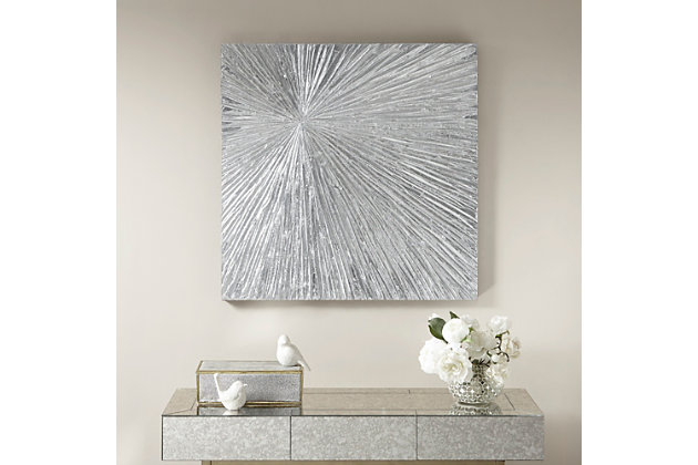 Achieve an eye-catching dimensional look with the abstract geometric design of the "Sunburst Palm" wall art. This wonderfully attractive piece features a painted, textured metallic surface for a pop of color and comes ready to display. This contemporary piece bursts with style in your space.Made of engineered wood and foil | Silvertone metallic painted finish | Box frame with black finish | Ready to hang (D-ring hanger) | Indoor use only | Imported