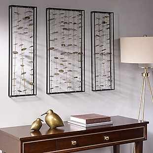 Make a statement with the sleek, modern style of the "Clement" three-piece metal wall art set. This intriguing trio features multiple rows of goldtone discs on slender rods, framed in black metal for contrast. Bring life to any bare space with this contemporary piece, which is bursting with style and unique design.Set of 3 | Made of iron | Frame with black finish | Rods with goldtone finish | Ready to hang (round hooks) | Indoor use only | Imported