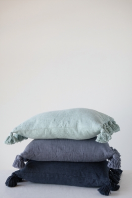 Lumbar Midnight Blue Cotton Slub Pillow With Tassels, , rollover