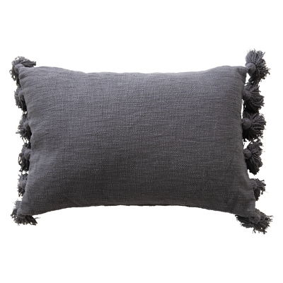 Lumbar Midnight Blue Cotton Slub Pillow With Tassels, , large