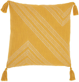 Toss a touch of casual elegance onto your bed or sofa with this handcrafted throw pillow from the kathy ireland® home studio collection. Its unique detailing features a modern, linear pattern of metallic embroidered stripes and chevrons, with the added appeal of tasseled corners. Wherever you place it, you're sure to enjoy the casual charm and eye-catching embellishment of this fun and fashionable pillow design.Made of 100% cotton | Handcrafted | Soft polyfill | Zipper closure | Imported | Spot clean