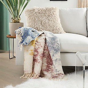 Toss a fresh look onto your modern home decor with this handcrafted, multicolored abstract throw blanket from Mina Victory, in a fun and funky tie-dye pattern. It's generously sized for comfort to drape gracefully on a sofa or chair, or to fold at the foot of your bed. Fringed edges make the perfect finishing touch. Made of 100% cotton and acrylic | Handcrafted | Imported | Spot clean | Indoor use only