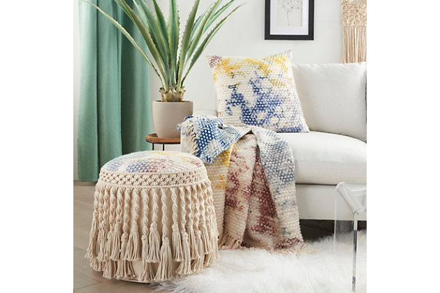 Toss a fresh look onto your modern home decor with this handcrafted, multicolored abstract throw blanket from mina victory, in a fun and funky tie-dye pattern. It's generously sized for comfort to drape gracefully on a sofa or chair, or to fold at the foot of your bed. Fringed edges make the perfect finishing touch.Made of 100% cotton and acrylic | Handcrafted | Imported | Spot clean | Indoor use only