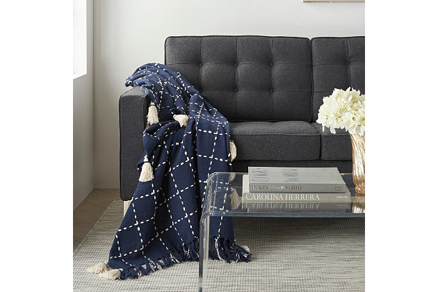 Cover your space with unmistakable style with this beautiful throw blanket from Mina Victory. With an embroidered geometric pattern, fringed edges and tassel accents, it's ideal for contemporary or modern spaces, bringing a touch of effortless class and comfort to your room.Made of 100% cotton | Handcrafted | Imported | Spot clean