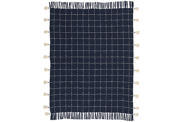 Cover your space with unmistakable style with this beautiful throw blanket from Mina Victory. With an embroidered geometric pattern, fringed edges and tassel accents, it's ideal for contemporary or modern spaces, bringing a touch of effortless class and comfort to your room.Made of 100% cotton | Handcrafted | Imported | Spot clean