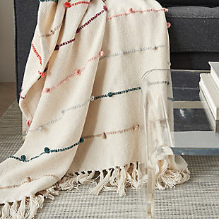 Bring a warmer touch of artistry to your interior space with this stylish throw blanket from mina victory. Soft and snuggly, it's woven from a cotton and polyester blend for durability and comfort. The colorful, textured stripe-and-dot design with fringed edges adds a truly fun and casual feel to any contemporary or modern space.Made of 100% cotton and polyester | Handcrafted | Imported | Spot clean