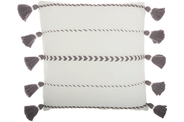 Handcrafted of smooth cotton yarns, this modern throw pillow from mina victory lends chic appeal to farmhouse and country styles. Braided and twisted stripes adorn its white cover, ending in a series of tasseled fringes for a refreshing pop of color on your sofa or bed.Made of 100% cotton | Handcrafted | Soft polyfill | Zipper closure | Imported | Spot clean