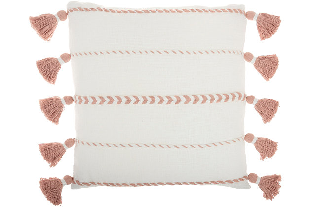 Handcrafted of smooth cotton yarns, this modern throw pillow from mina victory lends chic appeal to farmhouse and country styles. Braided and twisted stripes adorn its white cover, ending in a series of tasseled fringes for a refreshing pop of color on your sofa or bed.Made of 100% cotton | Handcrafted | Soft polyfill | Zipper closure | Imported | Spot clean