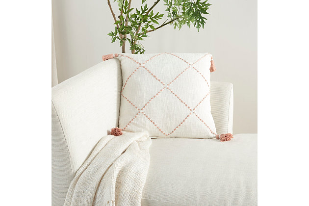 Add chic personality to your sofa or bed with this modern throw pillow from mina victory. Dotted lines on a white base form a textured braided trellis pattern, which is finished with tassels in each corner for a fun and textural effect.Made of 100% cotton | Handcrafted | Soft polyfill | Zipper closure | Imported | Spot clean