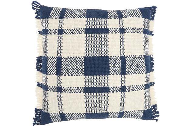 Invite down-to-earth comfort to your home with this handcrafted throw pillow from the kathy ireland® home studio collection. Charmingly woven plaid in deep navy and ivory tones makes this cotton accent pillow a cozy addition to contemporary and rustic farmhouse styles of decor. A zipper closure makes removing the cover for spot cleaning easy, while the soft insert adds plush, lump-free support. This collection has something special for every decorating taste.Handcrafted | Made of 100% cotton | Soft polyfill |  zipper closure | Imported | Spot clean