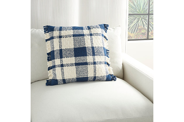 Invite down-to-earth comfort to your home with this handcrafted throw pillow from the kathy ireland® home studio collection. Charmingly woven plaid in deep navy and ivory tones makes this cotton accent pillow a cozy addition to contemporary and rustic farmhouse styles of decor. A zipper closure makes removing the cover for spot cleaning easy, while the soft insert adds plush, lump-free support. This collection has something special for every decorating taste.Handcrafted | Made of 100% cotton | Soft polyfill |  zipper closure | Imported | Spot clean