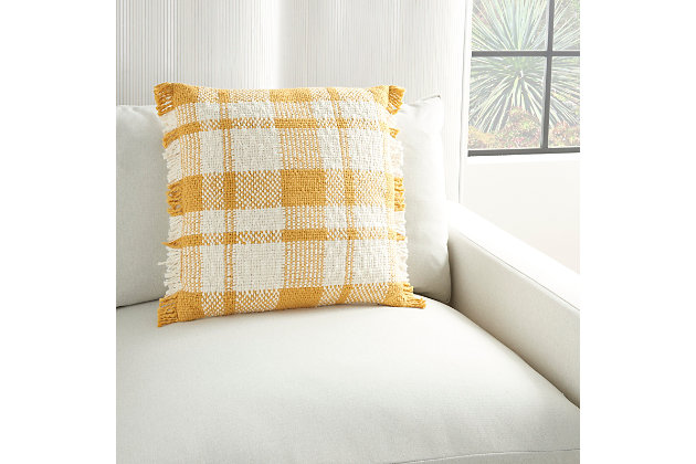 Invite down-to-earth comfort to your home with this handcrafted throw pillow from the kathy ireland® home studio collection. Charmingly woven plaid in golden yellow and ivory tones makes this cotton accent pillow a cozy addition to contemporary and rustic farmhouse styles of decor. A zipper closure makes removing the cover for spot cleaning easy, while the soft insert adds plush, lump-free support. This collection has something special for every decorating taste.Handcrafted | Made of 100% cotton | Soft polyfill |  zipper closure | Imported | Spot clean