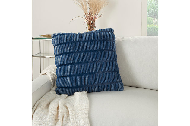 Glamorous, decorative, and oh-so-soft, this ruched faux rabbit fur throw pillow by mina victory home accents is just what you need to dress up your living room with ease. Handmade of polyester in a deep navy blue with hints of natural ivory, this pillow adds textural appeal to your couch, chair or other seating area. It includes a plush insert and zipper closure, so you can clean spills with ease. Indulge your taste for luxury and bring a warm, welcoming feeling to any room with this artistic creation.Handcrafted | Made of 100% polyester | Soft polyfill | Zipper closure | Faux fur |  imported |  spot clean