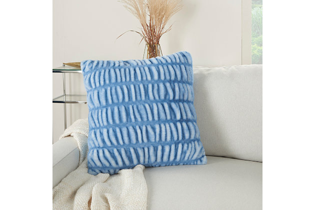 Glamorous, decorative, and oh-so-soft, this ruched faux rabbit fur throw pillow by mina victory home accents is just what you need to dress up your living room with ease. Handmade of polyester in ocean blue with hints of natural ivory, this pillow adds textural appeal to your couch, chair or other seating area. It includes a plush insert and zipper closure, so you can clean spills with ease. Indulge your taste for luxury and bring a warm, welcoming feeling to any room with this artistic creation.Handcrafted | Made of 100% polyester | Soft polyfill | Zipper closure | Faux fur |  imported |  spot clean
