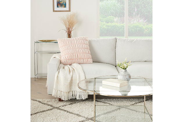 Glamorous, decorative, and oh-so-soft, this ruched faux rabbit fur throw pillow by mina victory home accents is just what you need to dress up your living room with ease. Handmade of polyester in blush pink with hints of natural ivory, this pillow adds textural appeal to your couch, chair or other seating area. Includes a plush insert and zipper closure, so you can spot clean spills with ease. Indulge your taste for luxury and bring a warm, welcoming feeling to any room with this artistic creation.Handcrafted | Made of 100% polyester | Soft polyfill | Zipper closure | Faux fur |  imported |  spot clean
