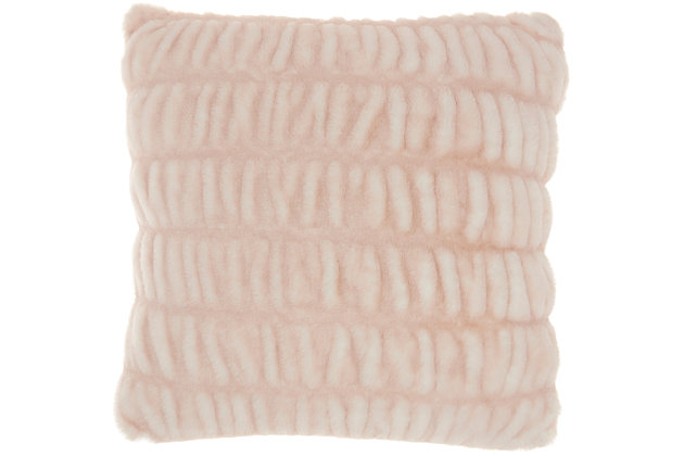 Glamorous, decorative, and oh-so-soft, this ruched faux rabbit fur throw pillow by mina victory home accents is just what you need to dress up your living room with ease. Handmade of polyester in blush pink with hints of natural ivory, this pillow adds textural appeal to your couch, chair or other seating area. Includes a plush insert and zipper closure, so you can spot clean spills with ease. Indulge your taste for luxury and bring a warm, welcoming feeling to any room with this artistic creation.Handcrafted | Made of 100% polyester | Soft polyfill | Zipper closure | Faux fur |  imported |  spot clean
