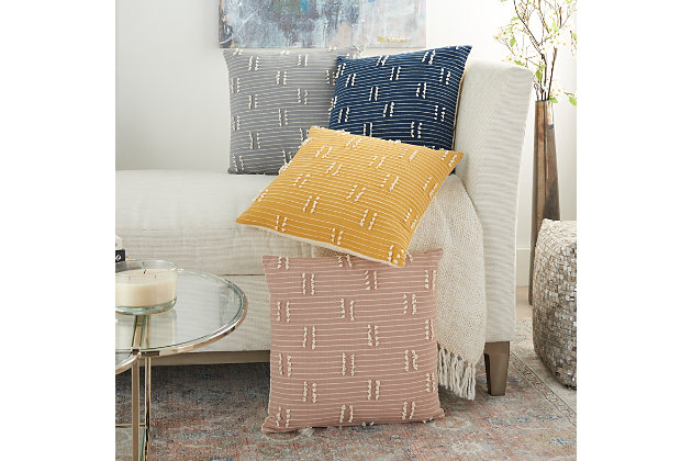 This handcrafted broken stripe throw pillow from the kathy ireland® home studio collection brings artistic ambience into any room. Its contemporary design has roots in ethnic patterns, making it a beautiful accent pillow for modern, eclectic or bohemian decor. It's undeniably chic and delightfully comfortable, with a spot-cleanable cotton front and back, a zipper closure and a plump insert.Handcrafted | Made of 100% polyester | Soft polyfill | Zipper closure | Imported | Spot clean