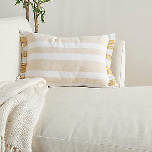 Refresh your room with the handcrafted, rustic appeal of this mina victory lumbar pillow in a nicely sized rectangle. Its bold stripes are chambray-woven for a casual effect that works beautifully in so many settings, from modern farmhouse to eclectic urban loft. This reversible pillow is striped front and back in sunny yellow on white, with a zipper closure and a soft polyester insert. The removable cover is washable to keep that clean, fresh, country look.Handcrafted | Made of 100% cotton | Soft polyfill | Brush fringe border | Zipper closure | Imported | Machine wash