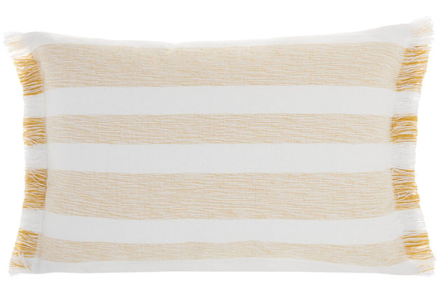 Refresh your room with the handcrafted, rustic appeal of this mina victory lumbar pillow in a nicely sized rectangle. Its bold stripes are chambray-woven for a casual effect that works beautifully in so many settings, from modern farmhouse to eclectic urban loft. This reversible pillow is striped front and back in sunny yellow on white, with a zipper closure and a soft polyester insert. The removable cover is washable to keep that clean, fresh, country look.Handcrafted | Made of 100% cotton | Soft polyfill | Brush fringe border | Zipper closure | Imported | Machine wash