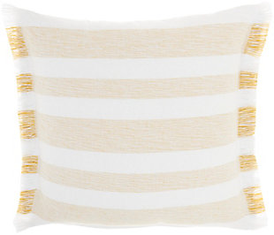 Refresh your room with the handcrafted, rustic appeal of this mina victory throw pillow in a nicely sized square. Its bold stripes are chambray-woven for a casual effect that works beautifully in so many settings, from modern farmhouse to eclectic urban loft. This reversible pillow is striped front and back in sunny yellow on white, with a zipper closure and a soft polyester insert. The removable cover is washable to keep that clean, fresh, country look.Handcrafted | Made of 100% cotton | Soft polyfill | Brush fringe border | Zipper closure | Imported | Machine wash