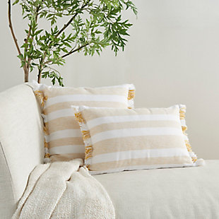 Refresh your room with the handcrafted, rustic appeal of this mina victory throw pillow in a nicely sized square. Its bold stripes are chambray-woven for a casual effect that works beautifully in so many settings, from modern farmhouse to eclectic urban loft. This reversible pillow is striped front and back in sunny yellow on white, with a zipper closure and a soft polyester insert. The removable cover is washable to keep that clean, fresh, country look.Handcrafted | Made of 100% cotton | Soft polyfill | Brush fringe border | Zipper closure | Imported | Machine wash